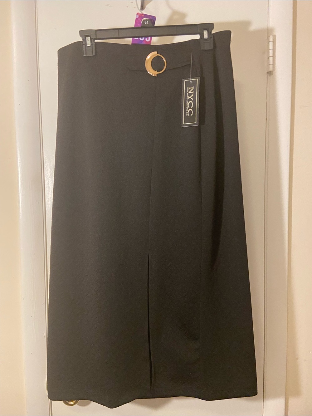 NY Collection Black Pencil Skirt with Gold Ring Accent